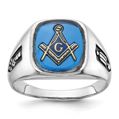 Men&#39;s Polished Grooved Black Enamel Imitation Blue Spinel Masonic Ring 10k White Gold 10Y1589M by M…