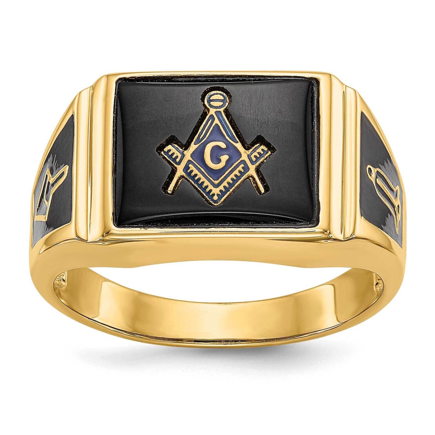 Men&#39;s Polished Textured Black Enamel Onyx Masonic Ring 10k Gold 10Y4108M