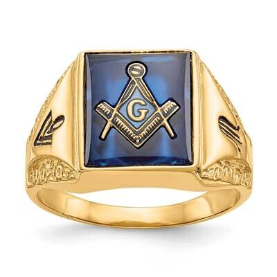 Men&#39;s Polished Antiqued Textured Imitation Blue Spinel Masonic Ring 10k Gold 10Y4094M by Masonic, M…