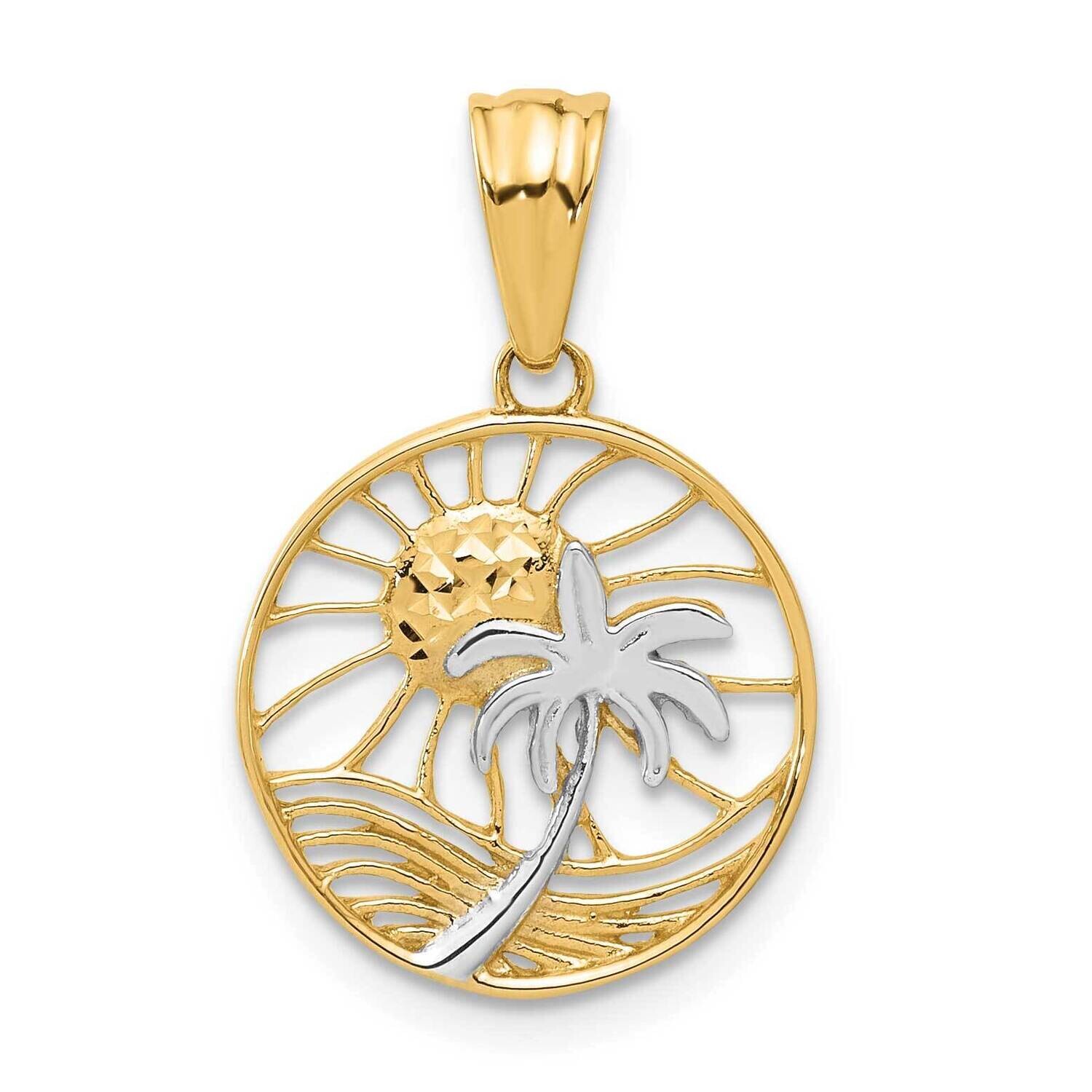 Ocean Palm Tree Round Pendant 14k Gold White Rhodium C4918, MPN: C4918,