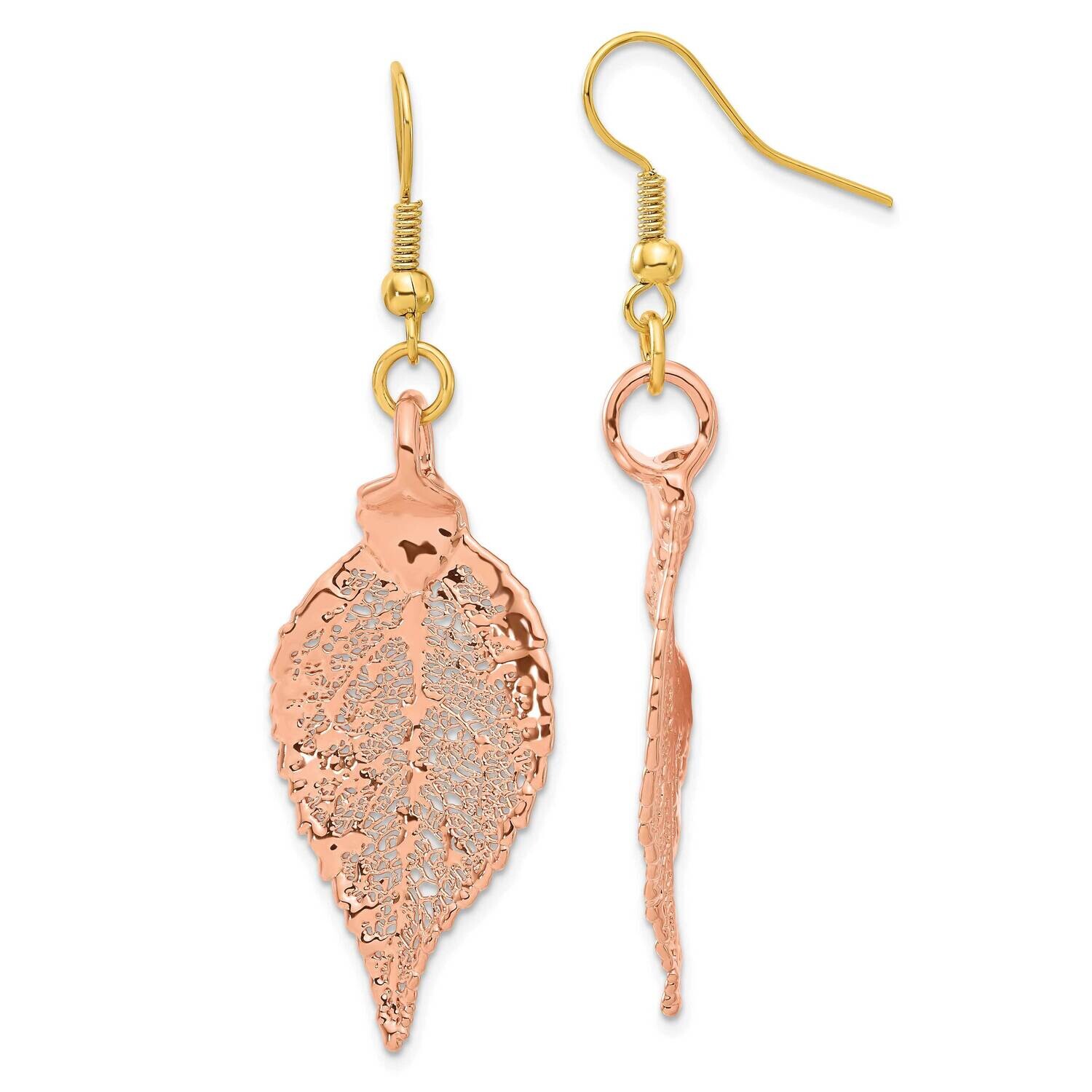 Dipped Real Evergreen Leaf Shepherd Hook Earrings 24k Rose Gold BF3264, MPN: BF3264, 812465024329