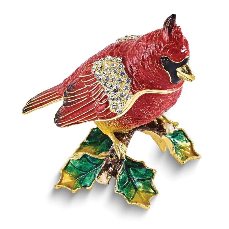 Carmine Cardinal On Holly Branch Trinket Box Bejeweled BJ4206