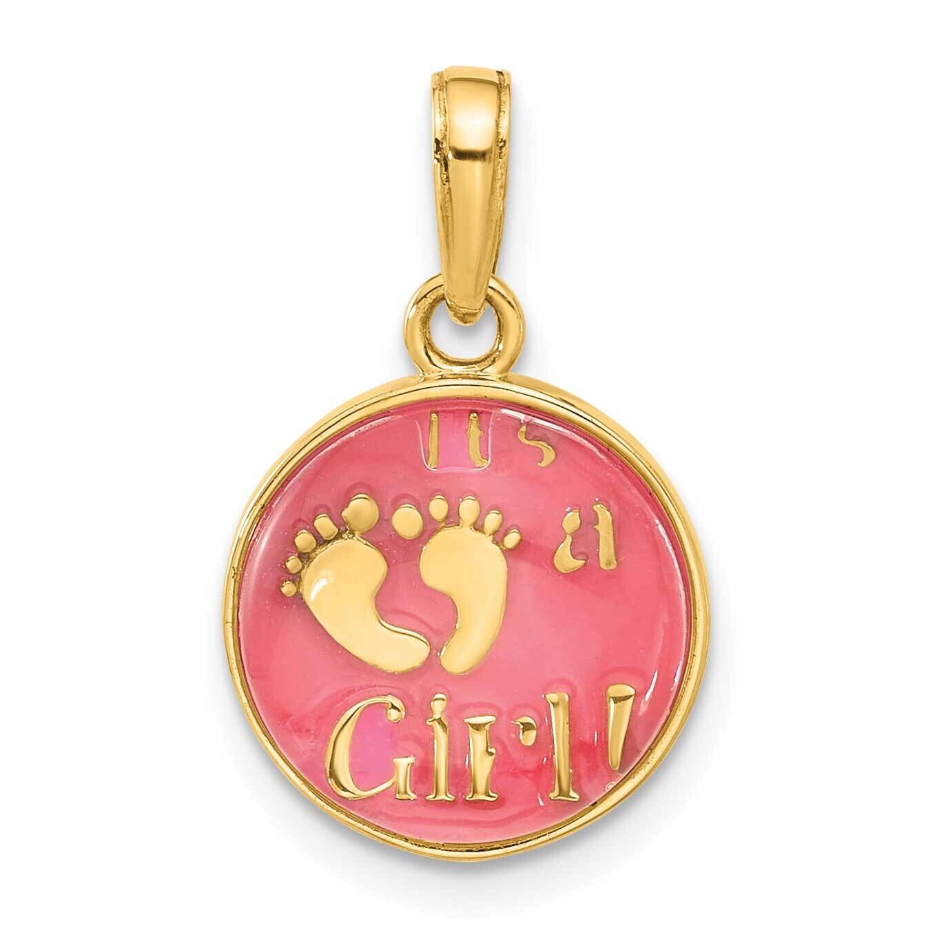 Pink Enamel Clear Epoxy Resin It&#39;s A Girl Pendant 14k Polished Gold C4860, MPN: C4860,