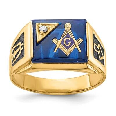 Men&#39;s Polished Textured Black Enamel Imitation Blue Spinel Aa Quality Diamond Masonic Ring 10k Gold…