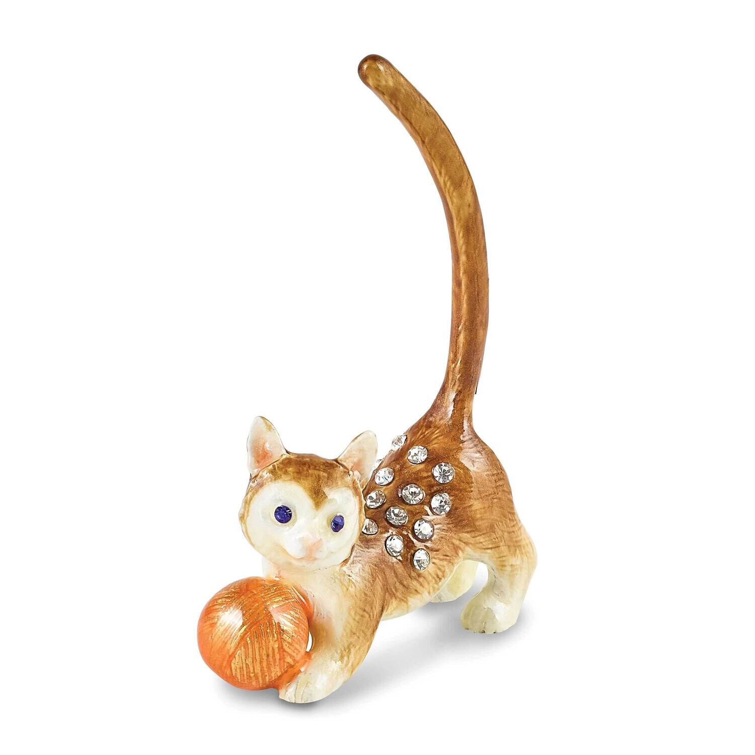 Luxury Giftware Pewter Crystals Silver-Tone Enameled Sasafras Cat Ball Of Yarn Ring Holder Bejeweled BJ4171