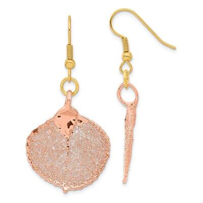 Dipped Real Aspen Leaf Shepherd Hook Earrings 24k Rose Gold BF3268, MPN: BF3268, 812465023896