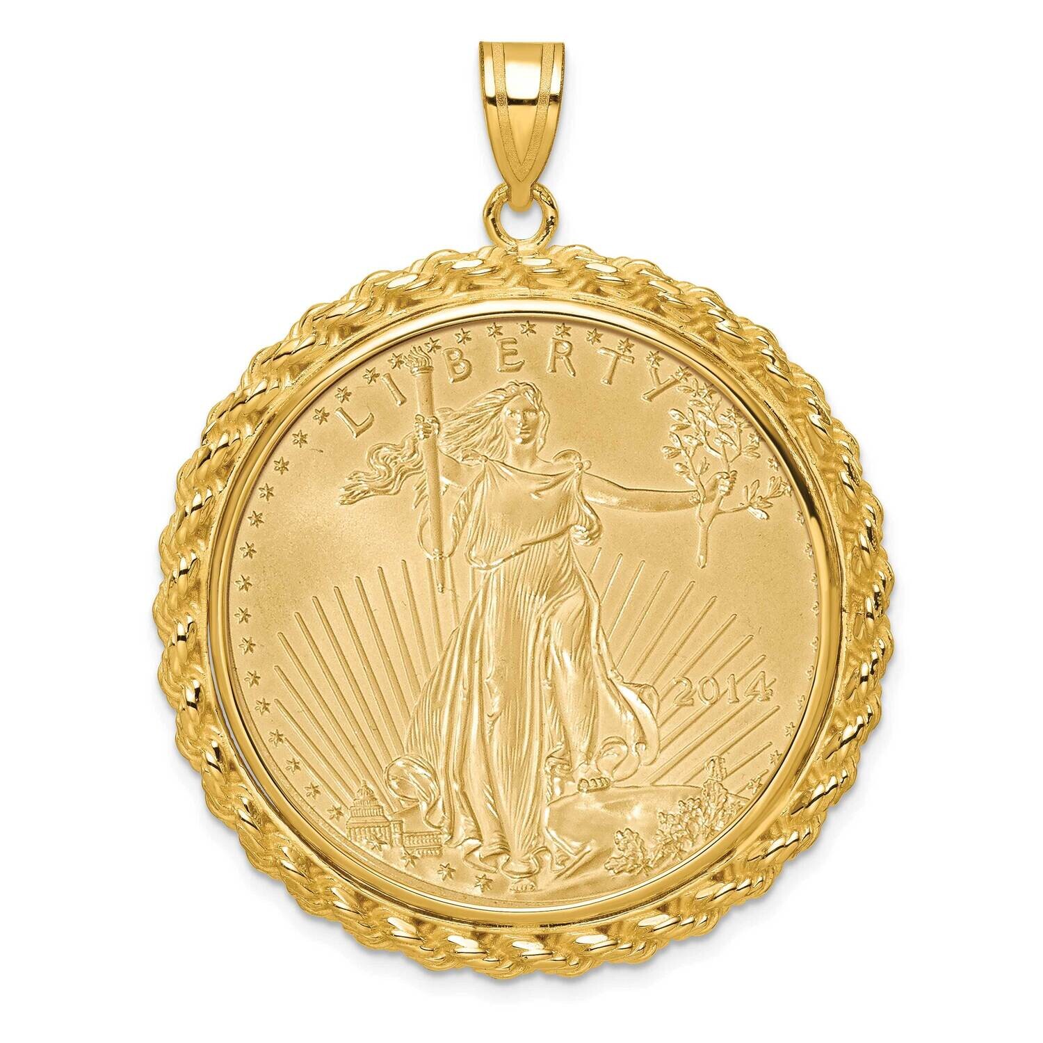 Polished Casted Rope Prong Mounted 1Oz American Eagle Coin Bezel Pendant 14k Gold C8185/32.7C
