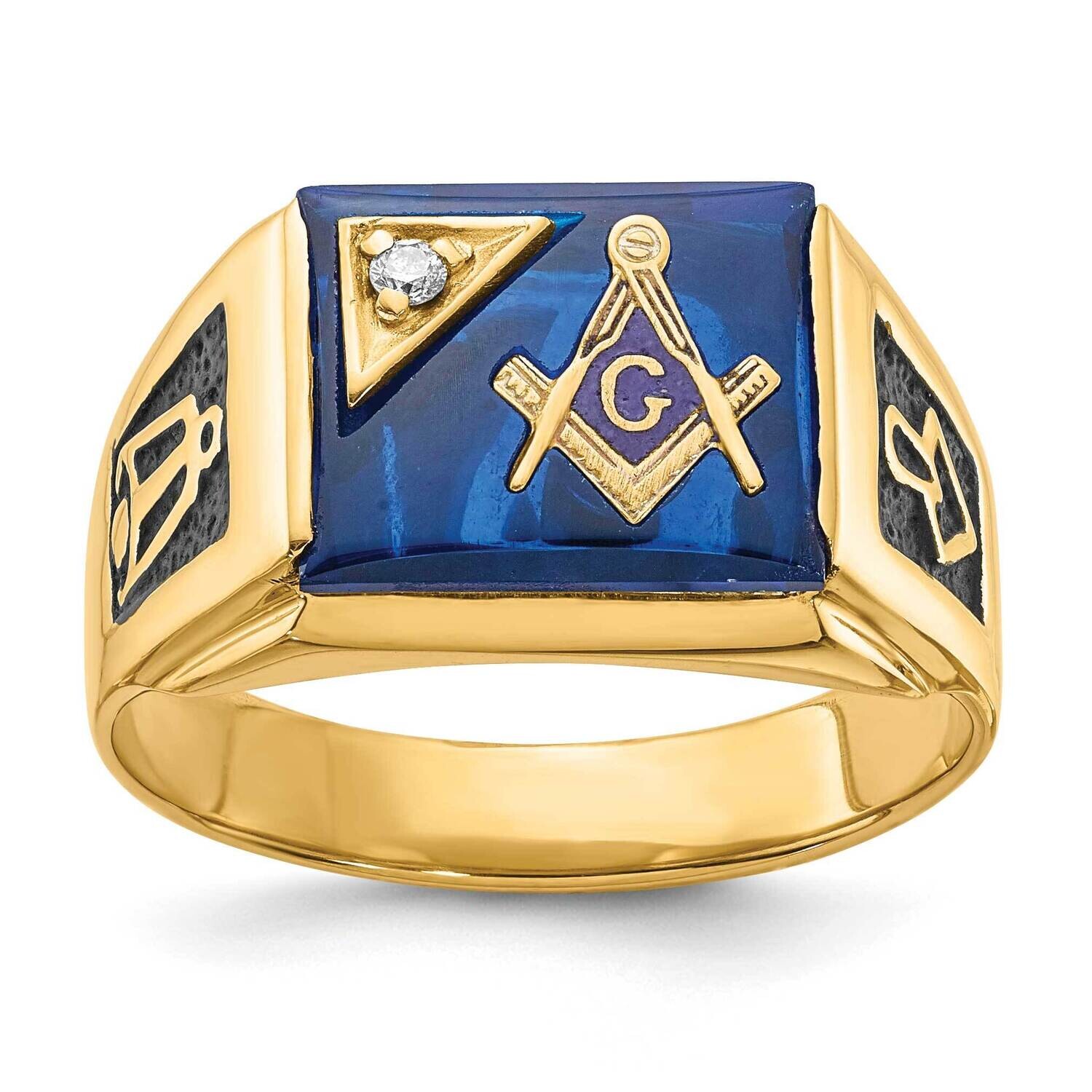 Men&#39;s Polished Textured Black Enamel Imitation Blue Spinel Aa Quality Diamond Masonic Ring 10k Gold…