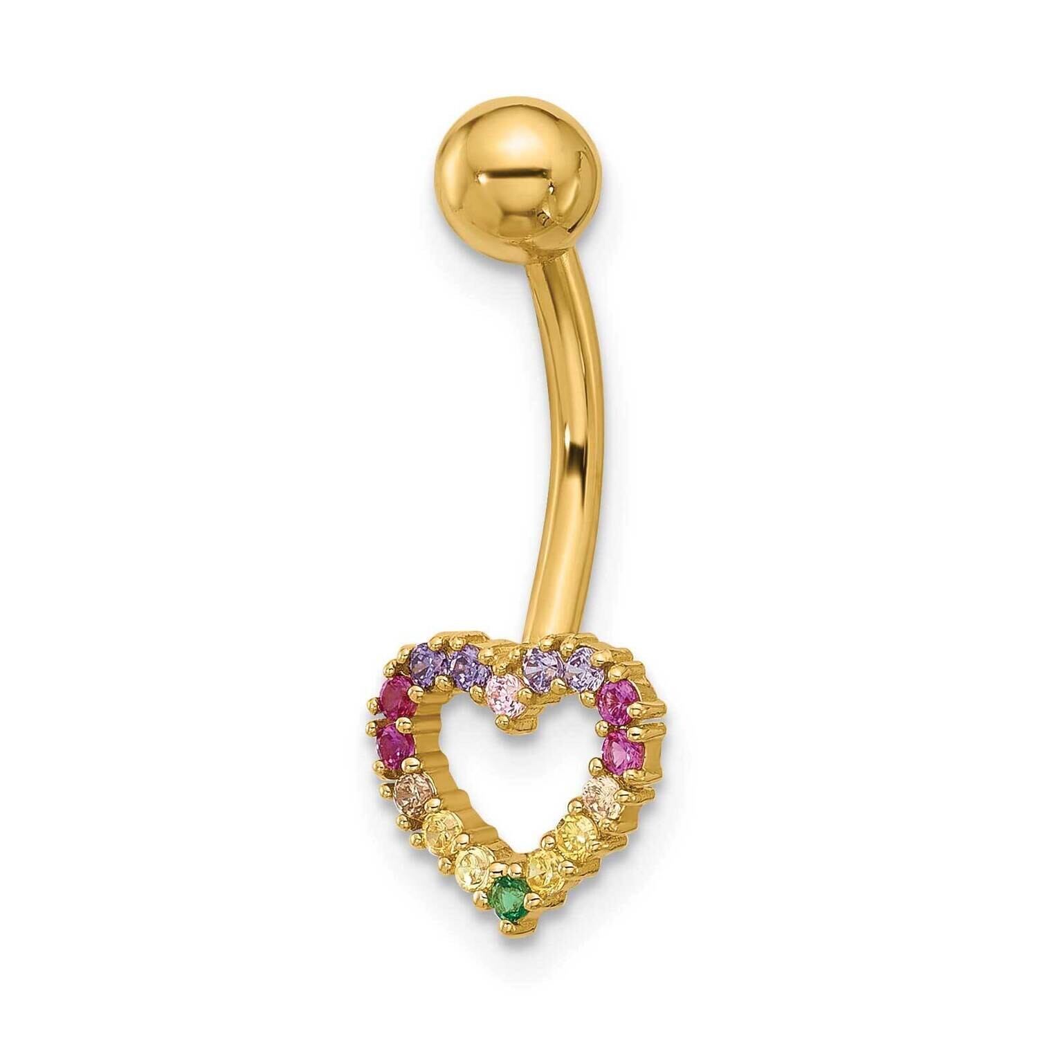 14 Gauge Polished Rainbow CZ Heart Belly Navel Ring 14k Gold BD286, MPN: BD286,