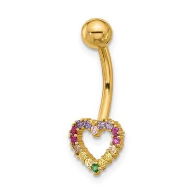 14 Gauge Polished Rainbow CZ Heart Belly Navel Ring 14k Gold BD286, MPN: BD286,