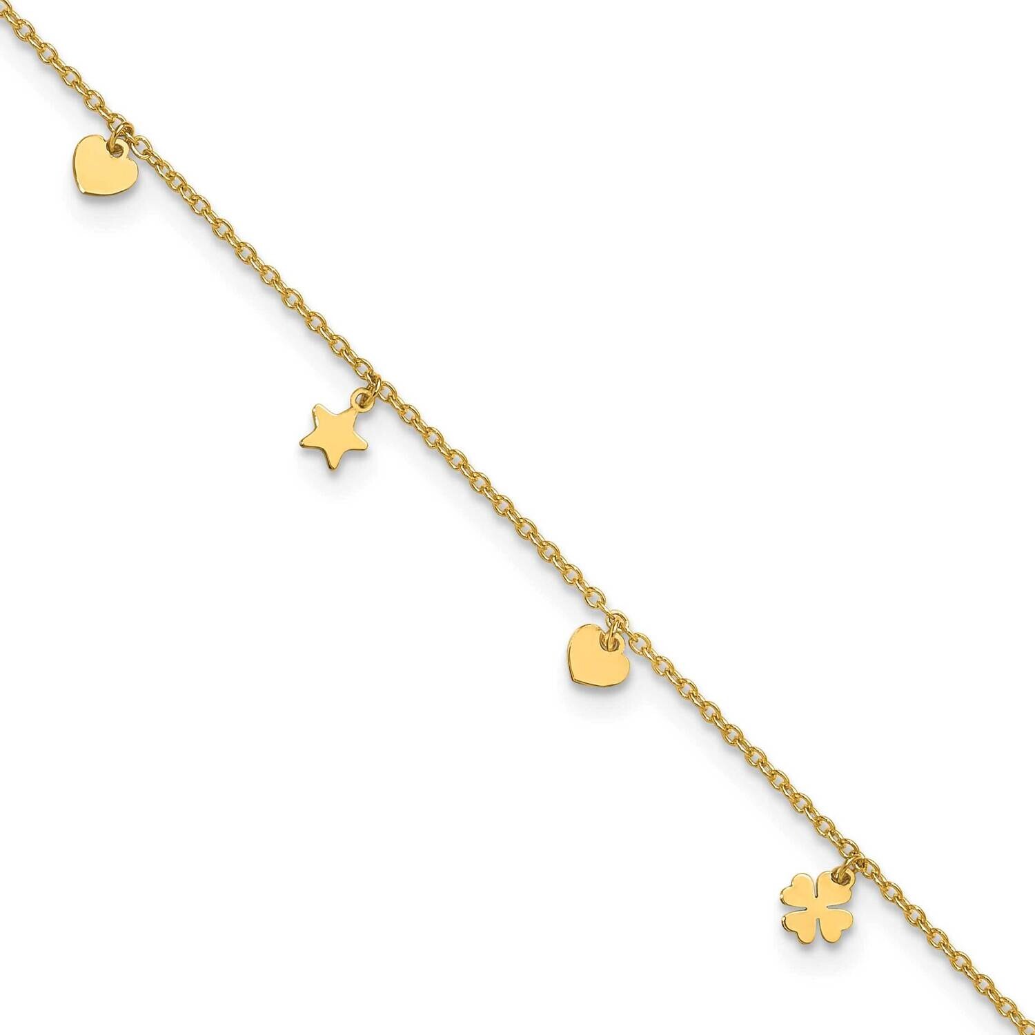 Stars Hearts &amp; Clovers 9 Inch Plus 1 Inch Extension Anklet 14k Polished Gold ANK346-9