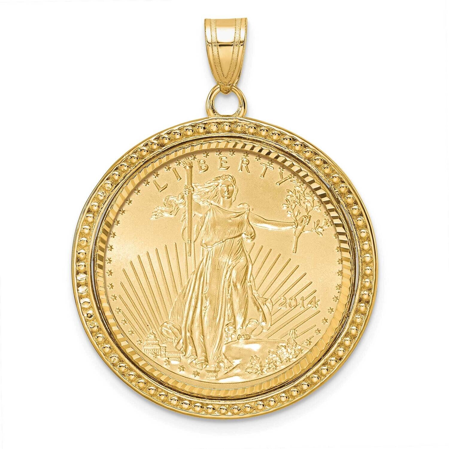 Beaded &amp; Diamond-Cut Prong Mounted 1/4Oz American Eagle Coin Bezel Pendant 14k Gold C8197/22.0C, MP…