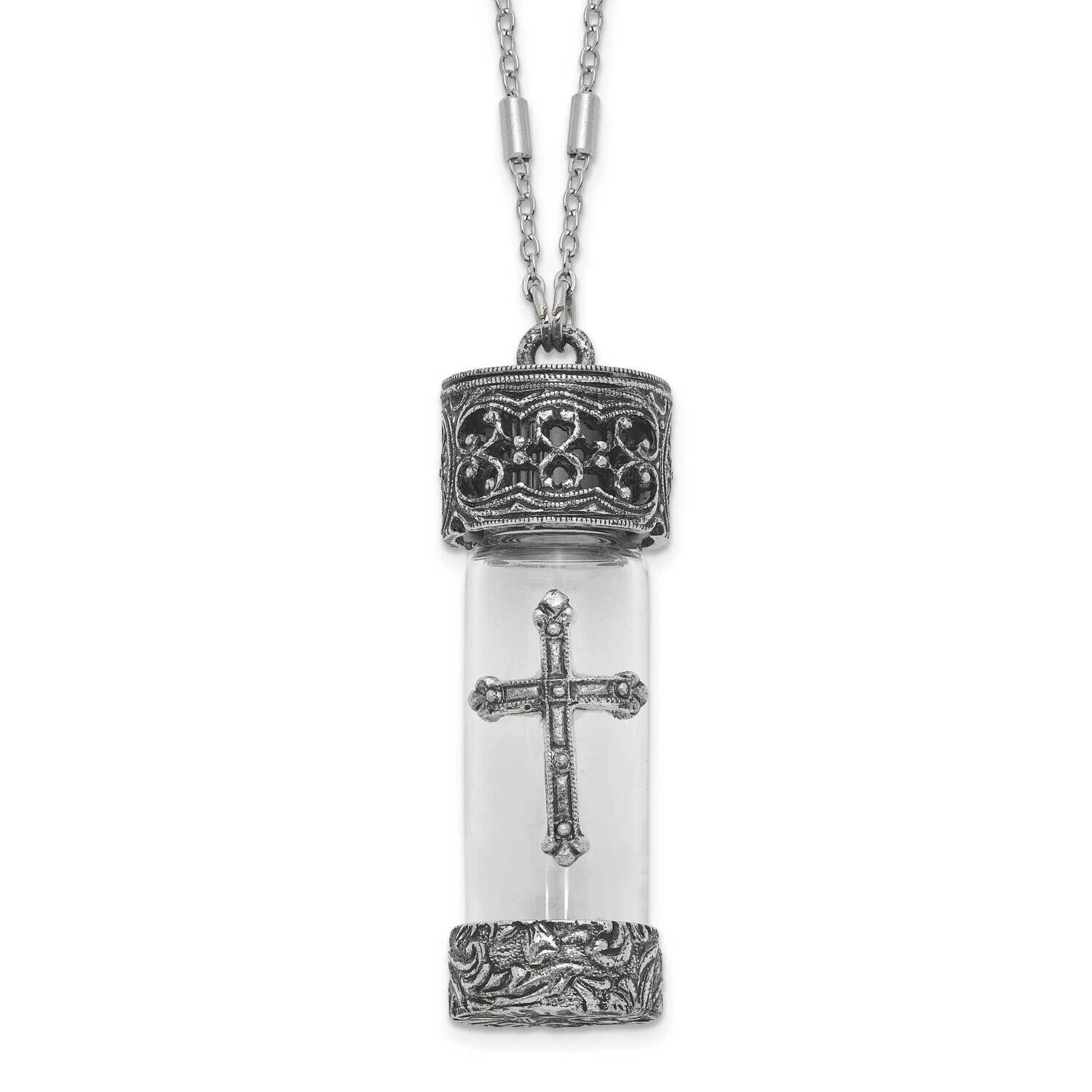 Symbols Of Faith Antique Pewter Silver-Tone Glass Cross Vial Screw Cap 30 Inch Necklace BF3280, MPN…