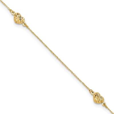 Puff Heart 9 Inch Plus 1 Inch Extender Anklet 14k Gold ANK219Y-10, MPN: ANK219Y-10,