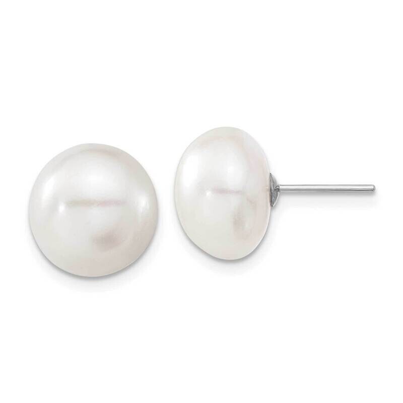 11-12mm White Button Fw Cultured Pearl Stud Post Earrings 10k White Gold 10XW110BW