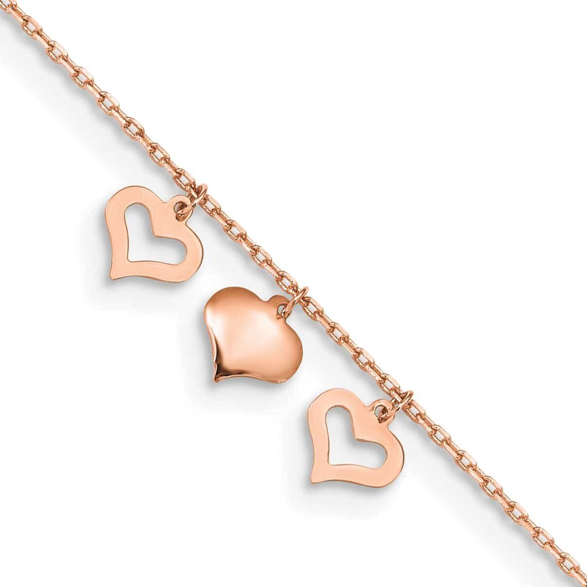 3 Hearts 9 Inch Plus 1 Inch Extension Anklet 14k Rose Gold ANK233R-10
