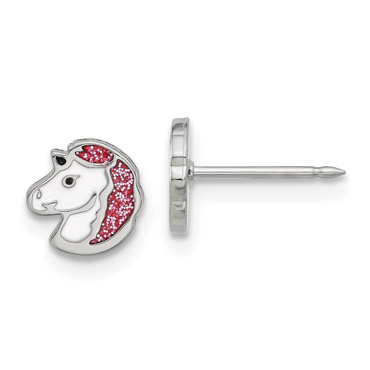 Inverness White Pink Glitter Enamel Unicorn Earrings Stainless Steel 3586E, MPN: 3586E,