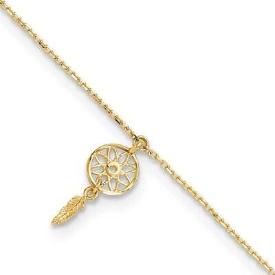 Feather Dangle 9 Inch Plus 1 Inch Extender Anklet 14k Polished Gold ANK345-9, MPN: ANK345-9,