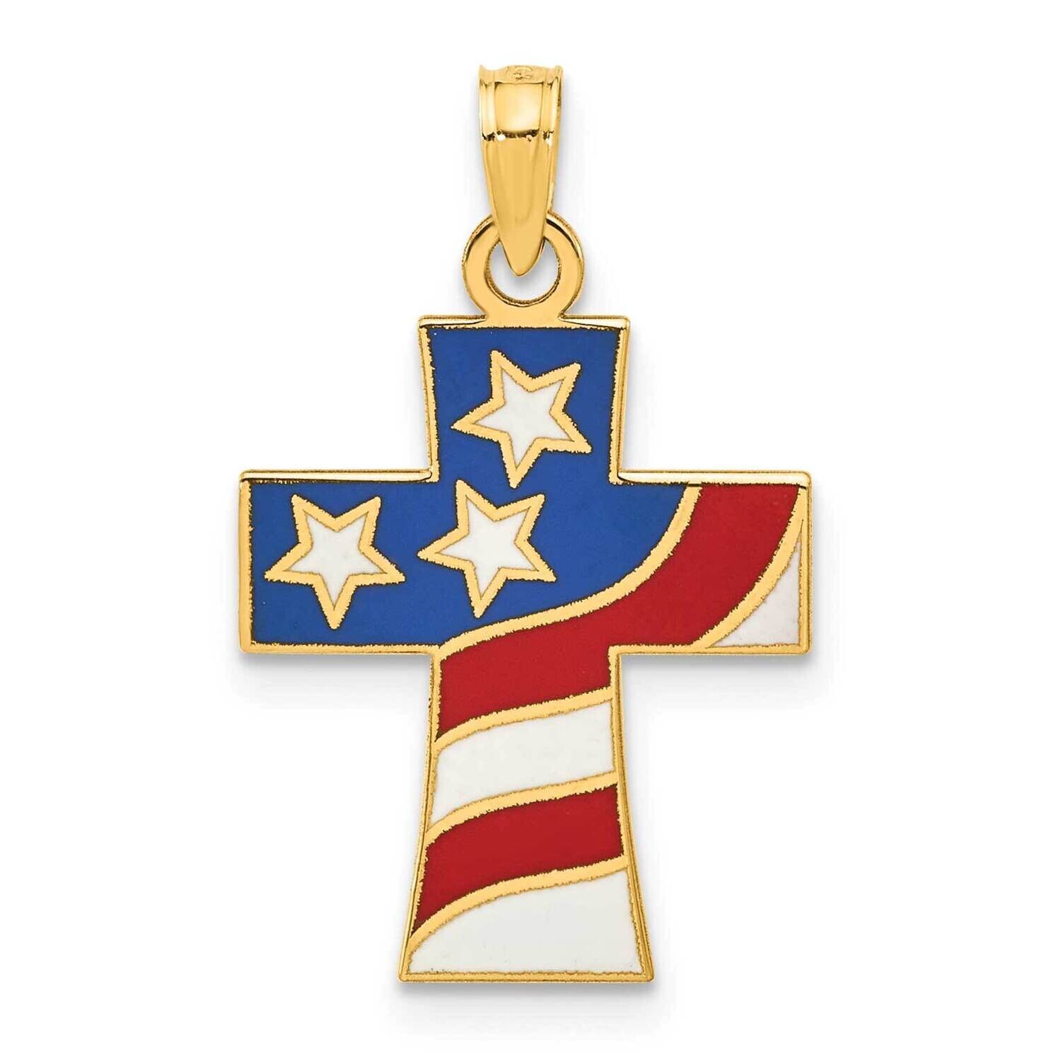 Enameled American Flag Cross Pendant 14k Polished Gold D5367