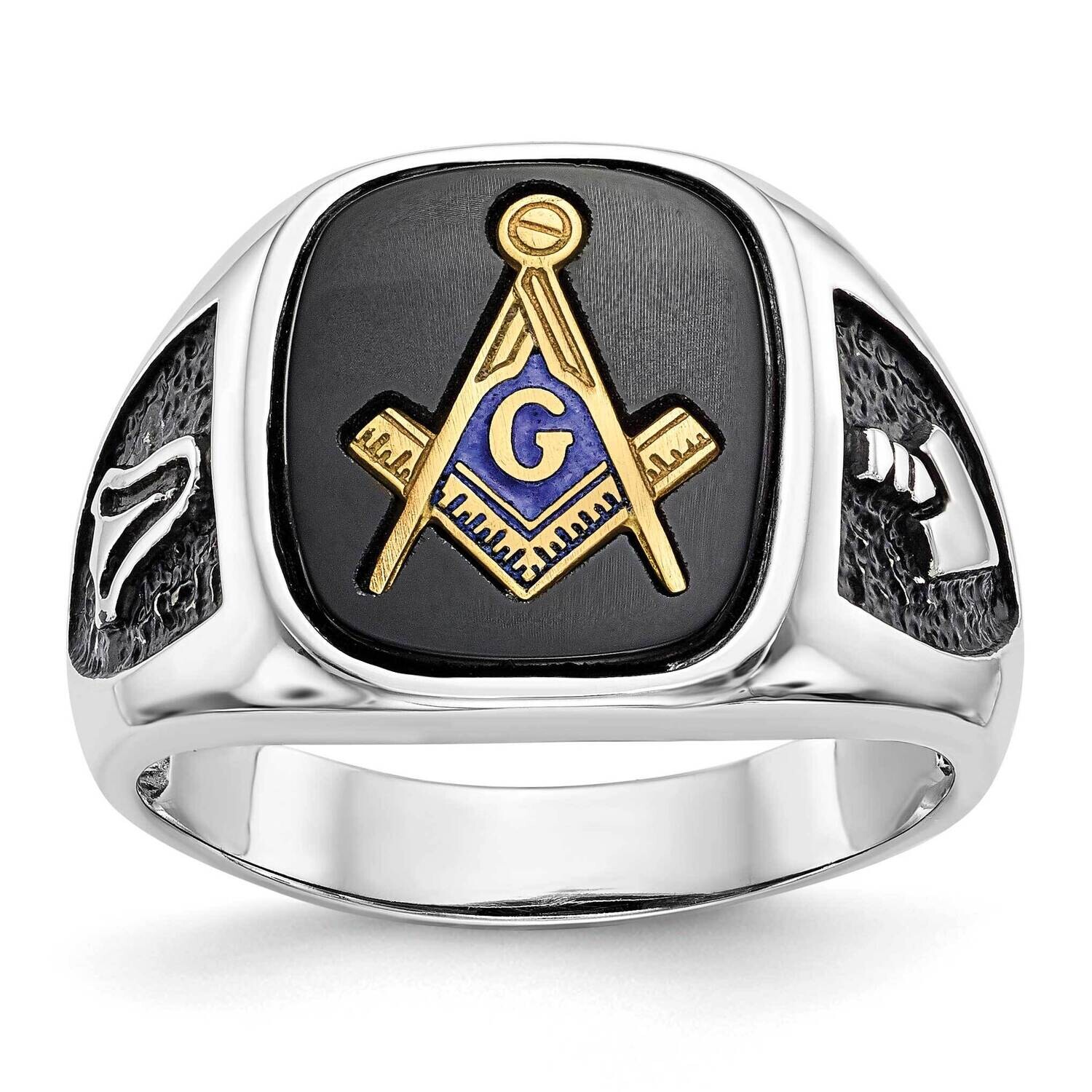 Gold-Plated Polished Textured Black Enamel Onyx Masonic Ring 10k White Gold 10Y4085M by Masonic, MP…