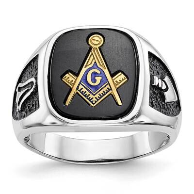 Gold-Plated Polished Textured Black Enamel Onyx Masonic Ring 10k White Gold 10Y4085M by Masonic, MP…