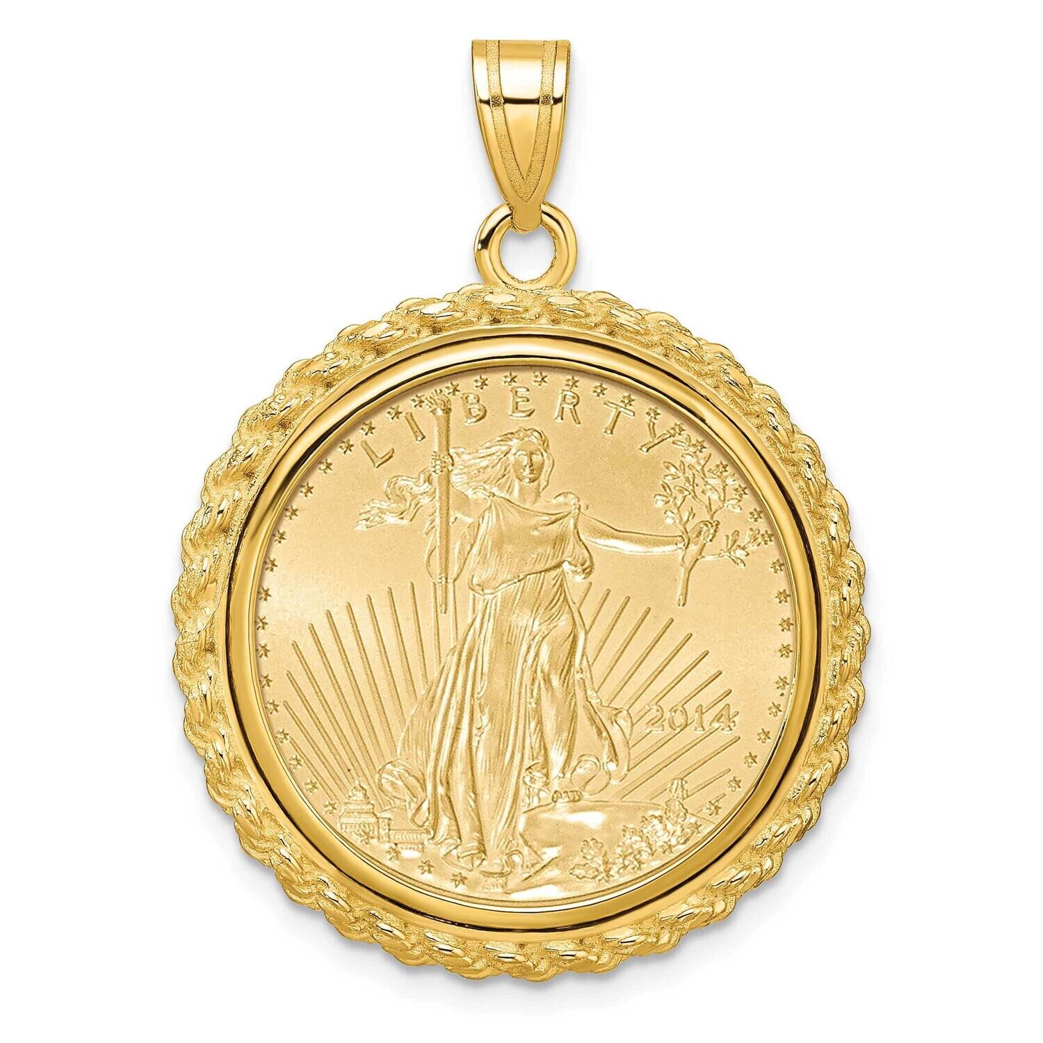 Polished Casted Rope Prong Mounted 1/4Oz American Eagle Coin Bezel Pendant 14k Gold C8185/22.0C, MP…