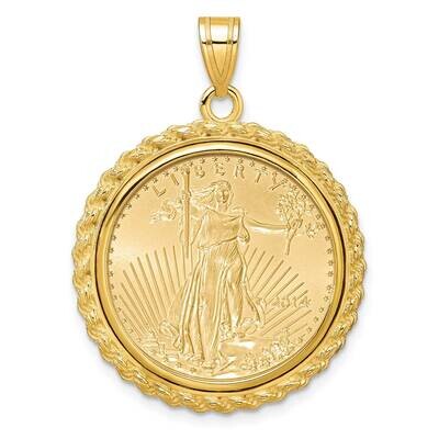 Polished Casted Rope Prong Mounted 1/4Oz American Eagle Coin Bezel Pendant 14k Gold C8185/22.0C, MP…