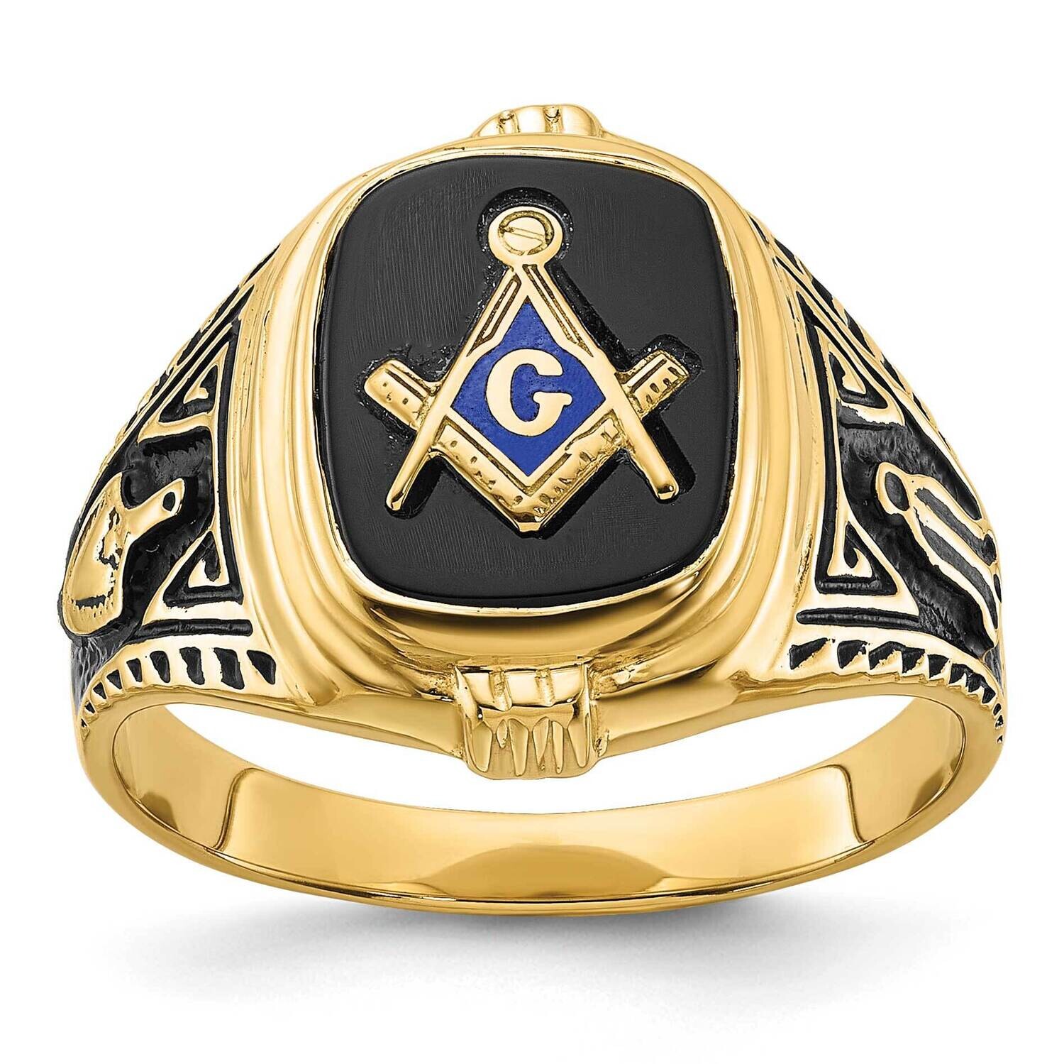Men's Polished Antiqued Textured Onyx Masonic Ring 10k Gold 10Y4078M