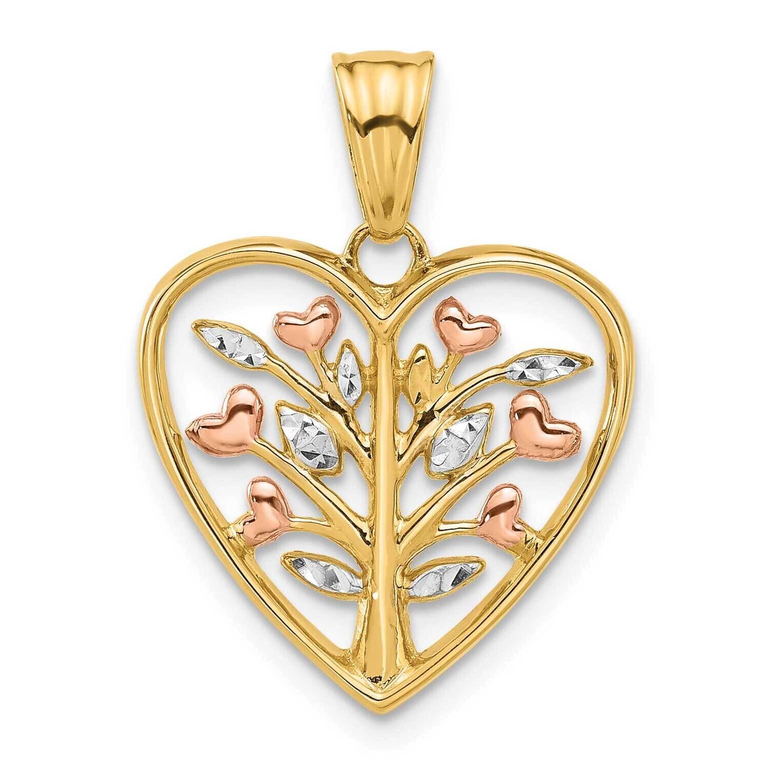 Rose-Plated White Rhodium Diamond-Cut Branches In Heart Pendant 14k Gold C4850, MPN: C4850,