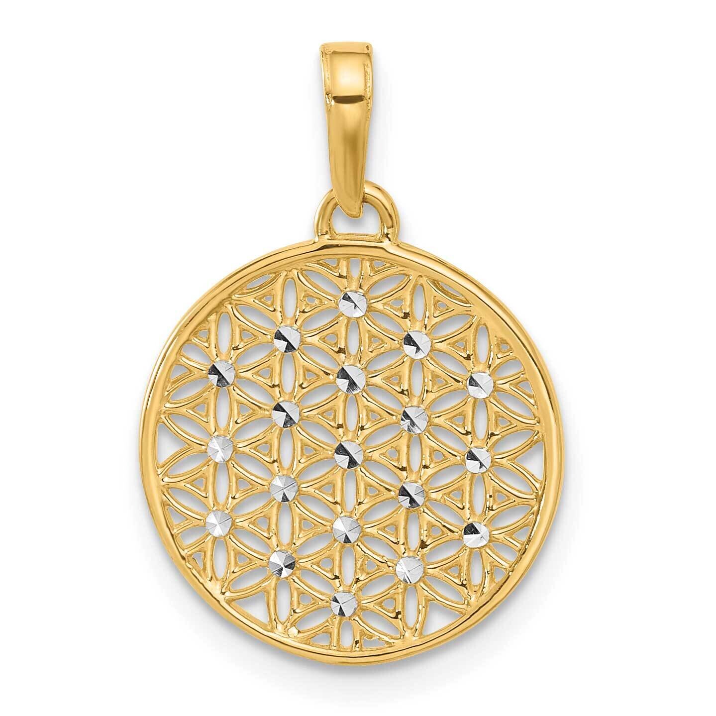 Rhodium Polished Diamond-Cut Flower Circle Pendant 14k Gold C4871, MPN: C4871,