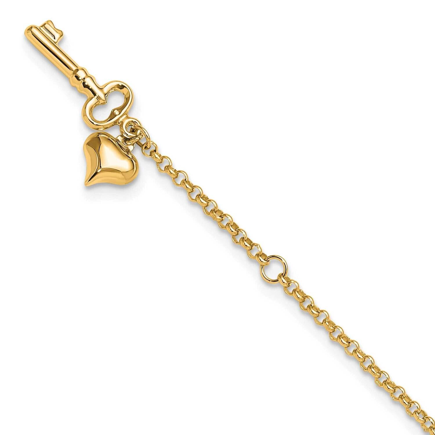 Adjustable Polished Puffed Heart Key 9 Inch Plus 1 Inch Extender Anklet 14k Gold ANK45Y-10