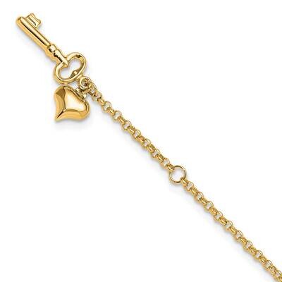 Adjustable Polished Puffed Heart Key 9 Inch Plus 1 Inch Extender Anklet 14k Gold ANK45Y-10, MPN: AN…