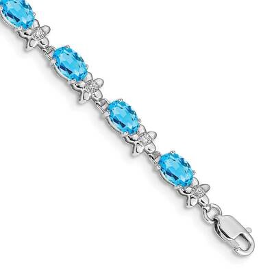 Floral Diamond Blue Topaz Bracelet 7 Inch 14k White Gold BM4495-BT-010-WA, MPN: BM4495-BT-010-WA,