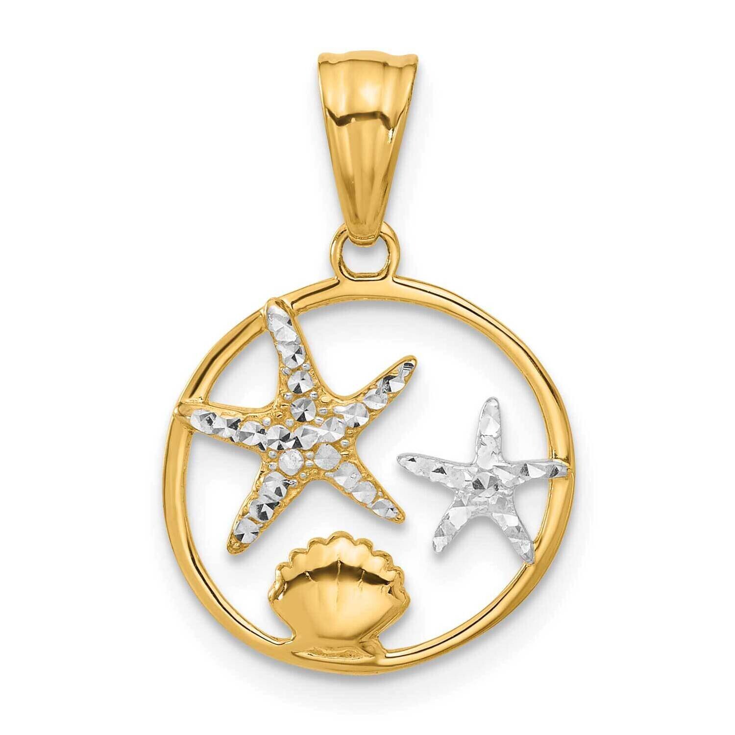 Diamond Cut Starfish Seashell In Circle Pendant 14k Gold White Rhodium C4914, MPN: C4914,