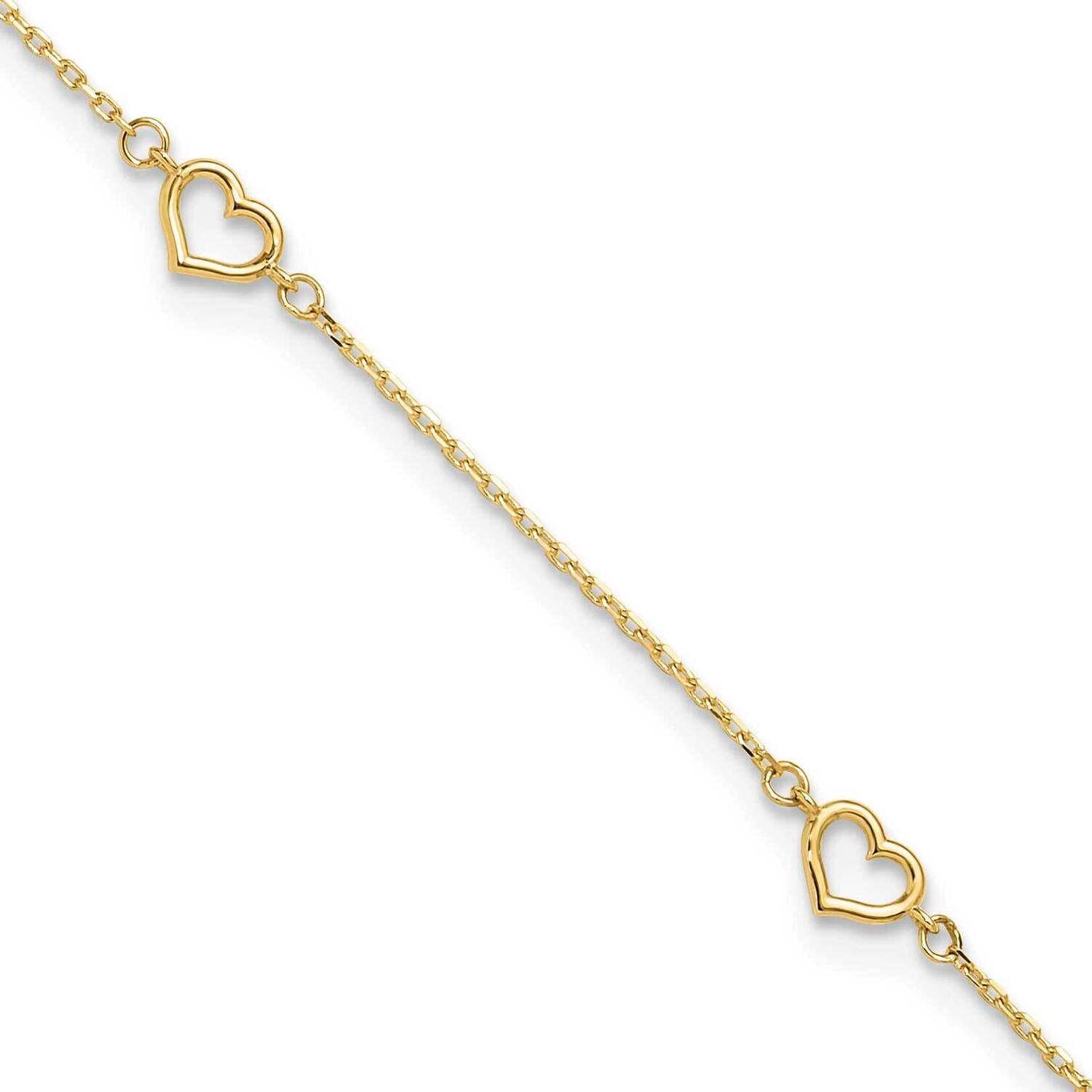 Heart Link 9 Inch Plus 1 Inch Extender Anklet 14k Polished Gold ANK334-9, MPN: ANK334-9,