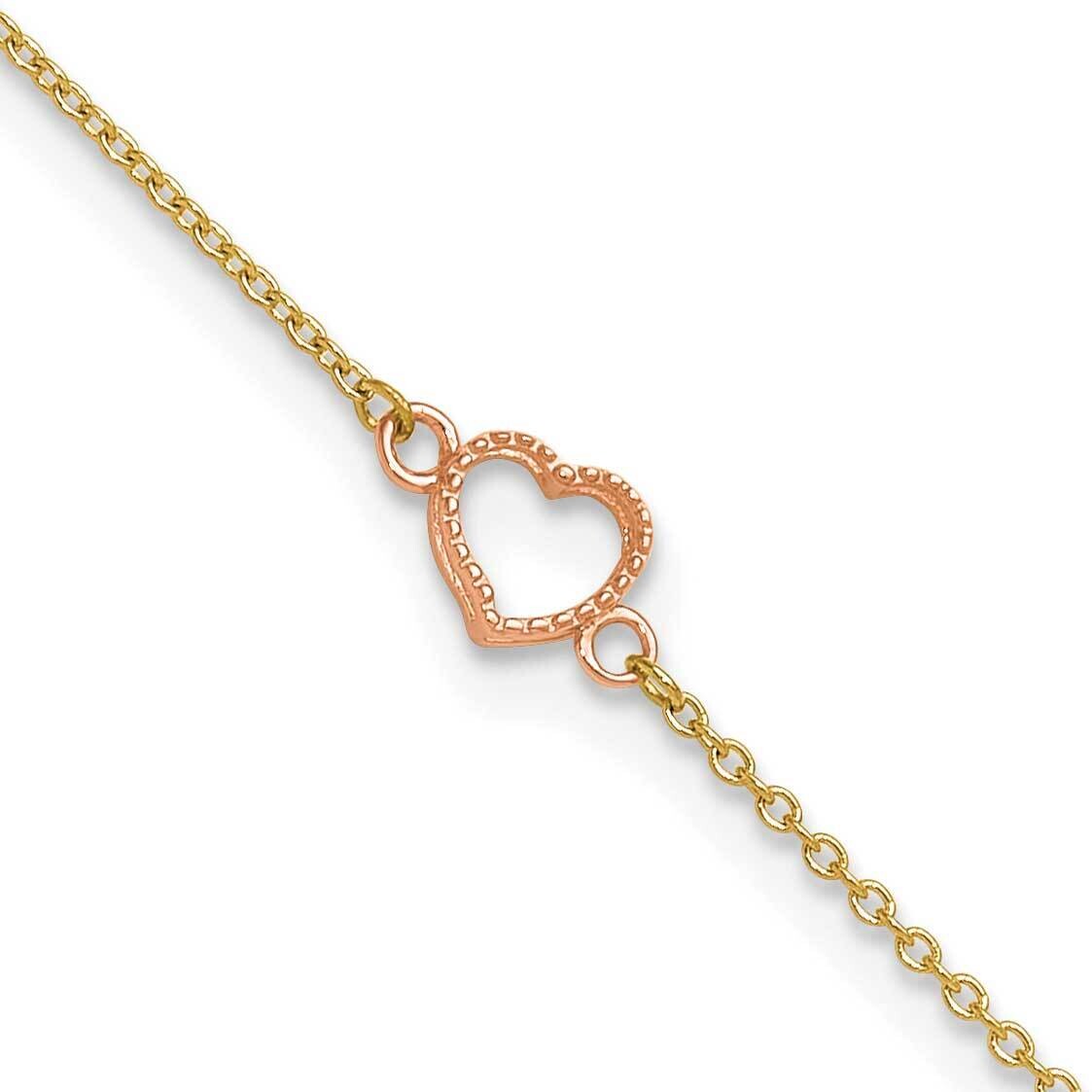 Textured Polished Heart 9 Inch Plus 1 Inch Extender Anklet 14k Two-Tone Gold ANK278Y/R-10