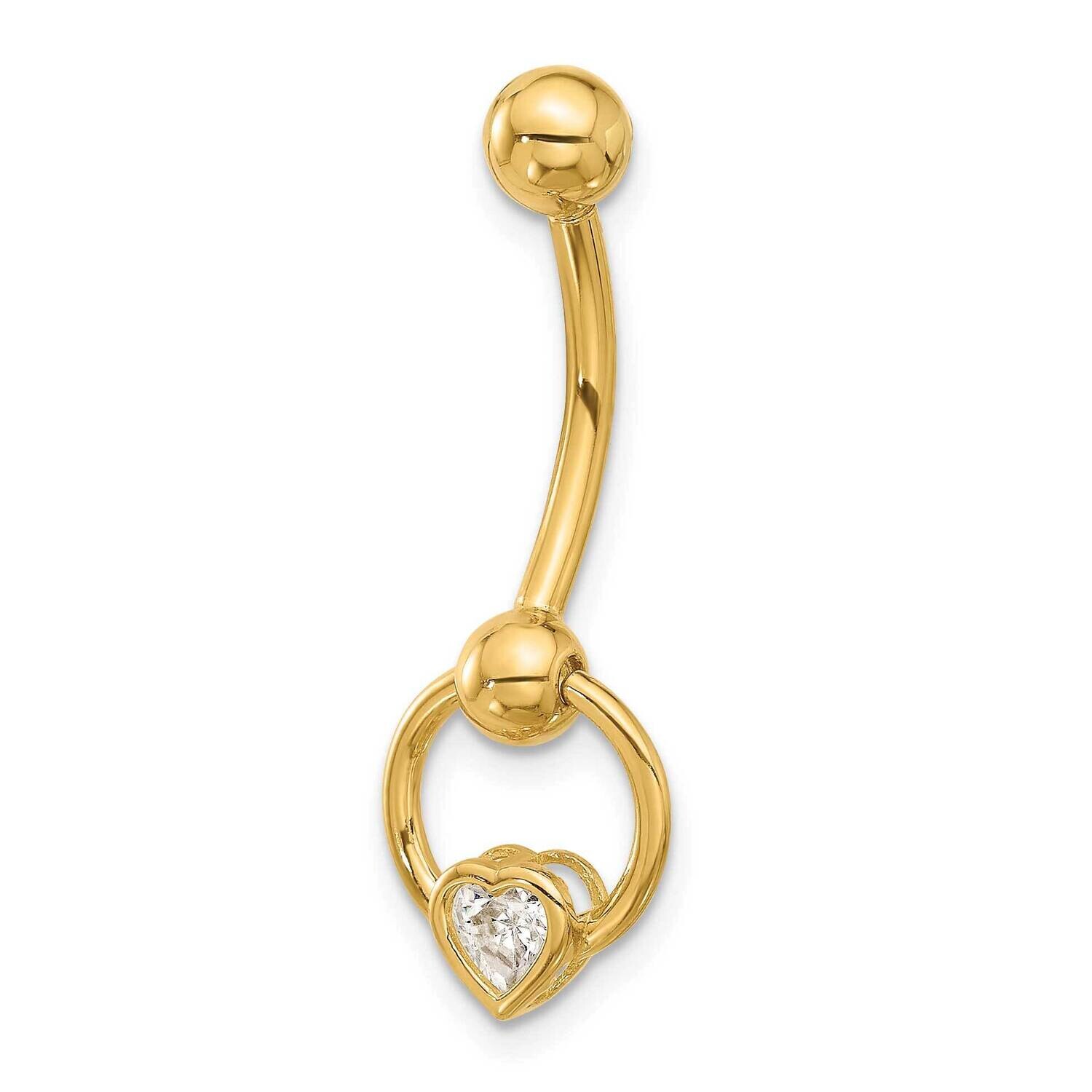 14 Gauge Polished CZ Heart Dangle Navel Belly Ring 14k Gold BD287, MPN: BD287,