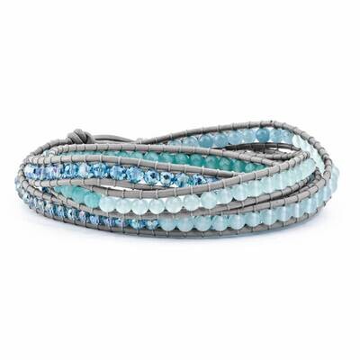 Crystal Blue Quartz Beaded Leather Multi-Wrap Bracelet 33.5 Inch BF2109