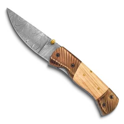 Damascus Steel 256 Layer Folding Blade Olive Wood Handle Knife KN3330, MPN: KN3330,