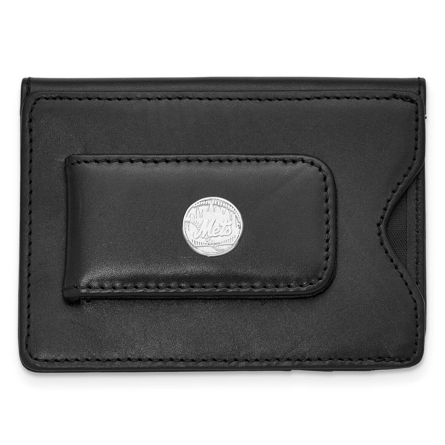 New York Mets Logo Black Leather Money Clip Wallet Sterling Silver MET007MC10-SS