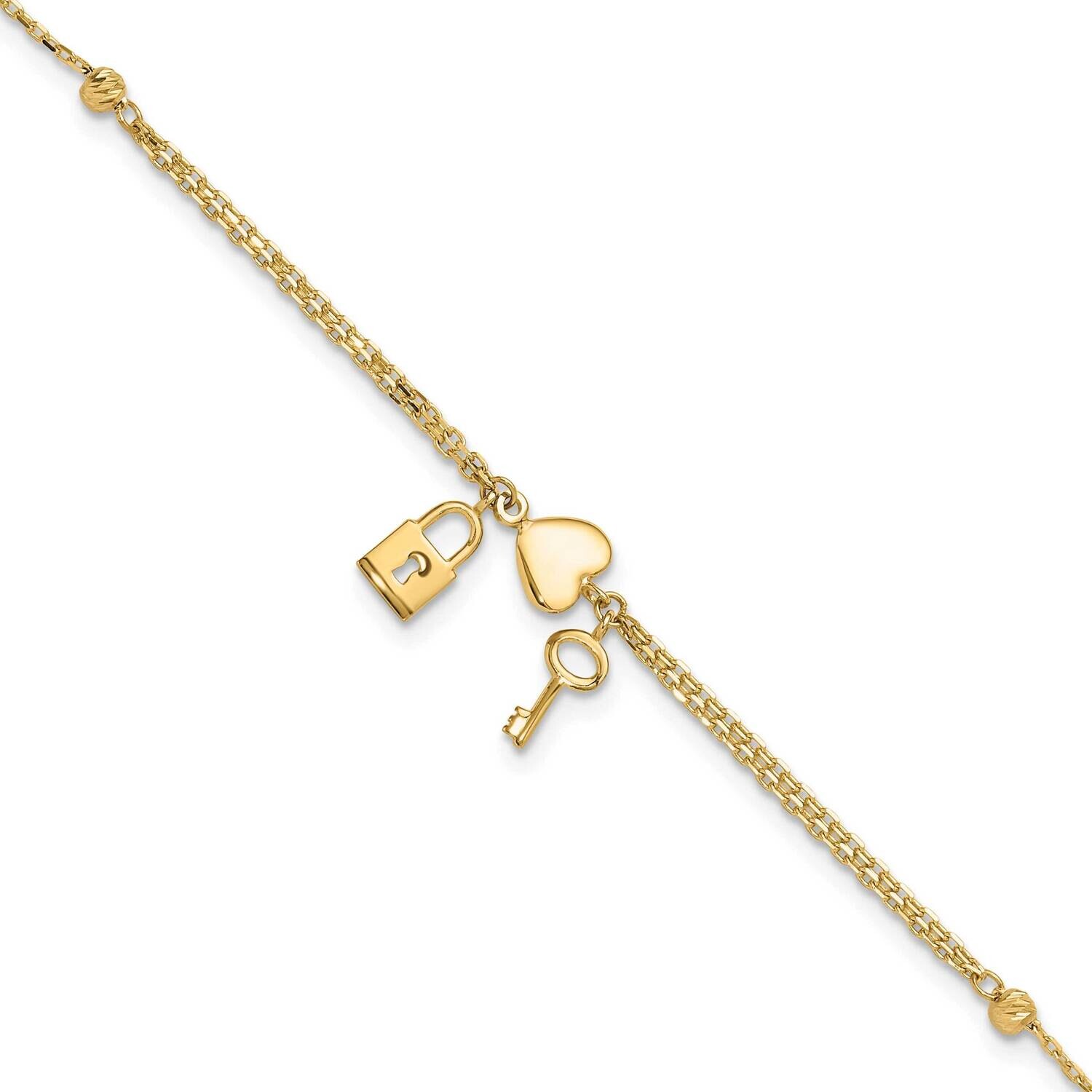 Diamond-Cut Heart Lock Key .5 Inch Extender Bracelet 14k Polished Gold FB1979-7, MPN: FB1979-7,