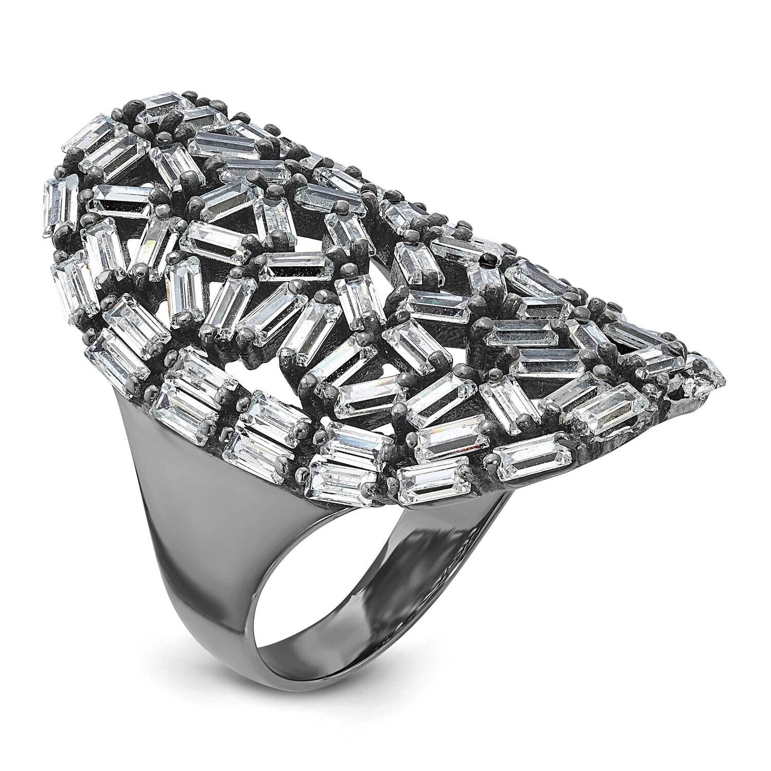 &amp; Black Rhodium Oval Baguette Crystal Ring Sterling Silver J325824012354