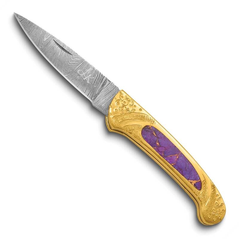 Damascus Steel 256 Layer Folding Blade Purple Stone Resin Hndl Knife KN3320
