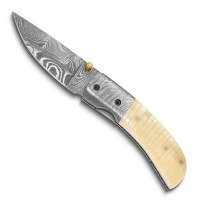 Damascus Steel 256 Layer Folding Blade Camel Bone Handle Knife KN3325, MPN: KN3325,