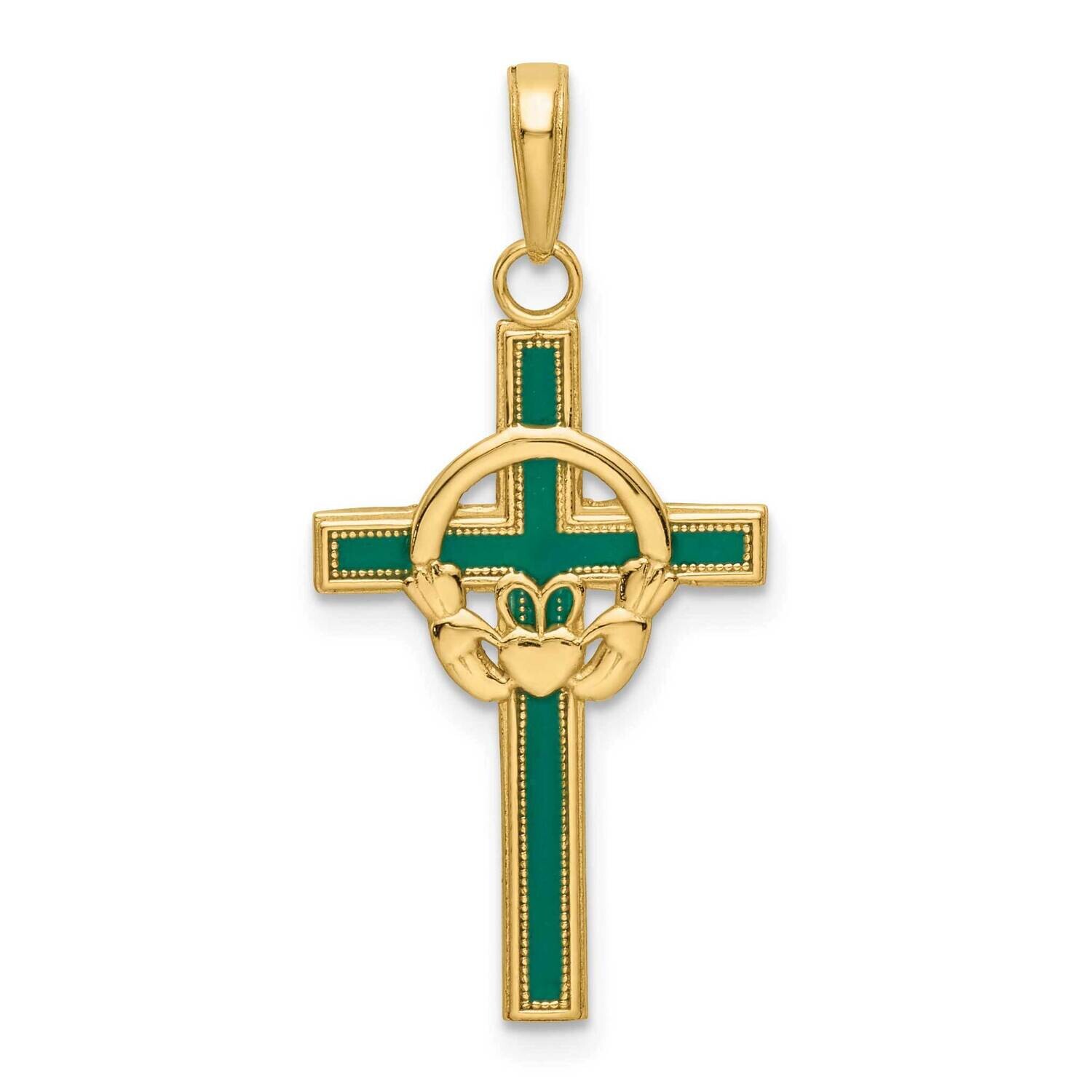 Green Enameled Claddagh Cross Pendant 14k Gold M1338EG