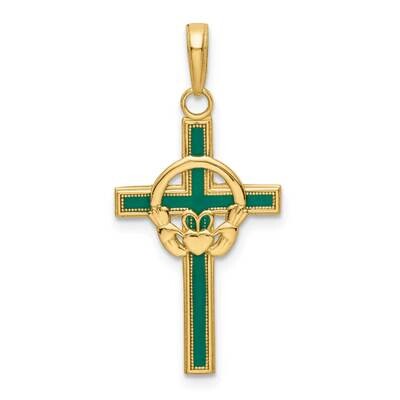 Green Enameled Claddagh Cross Pendant 14k Gold M1338EG, MPN: M1338EG,