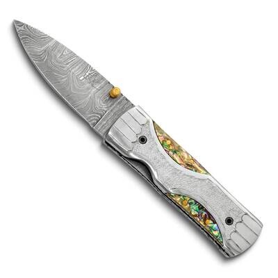 Damascus Steel 256 Layer Folding Blade Abalone Handle Knife KN3360, MPN: KN3360,