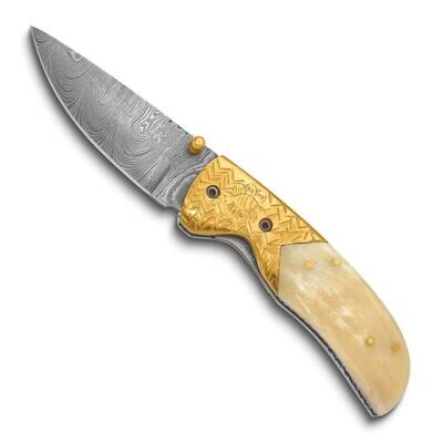 Damascus Steel 256 Layer Folding Blade Camel Bone Handle Knife KN3340, MPN: KN3340,