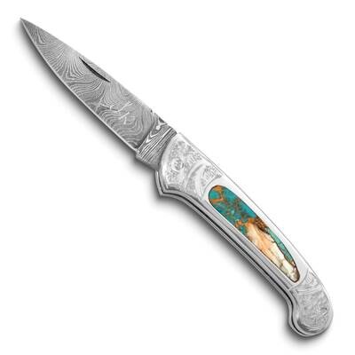 Damascus Steel 256 Layer Folding Spiny Oyster/Turq/Bronze/Resin Knife KN3345, MPN: KN3345,