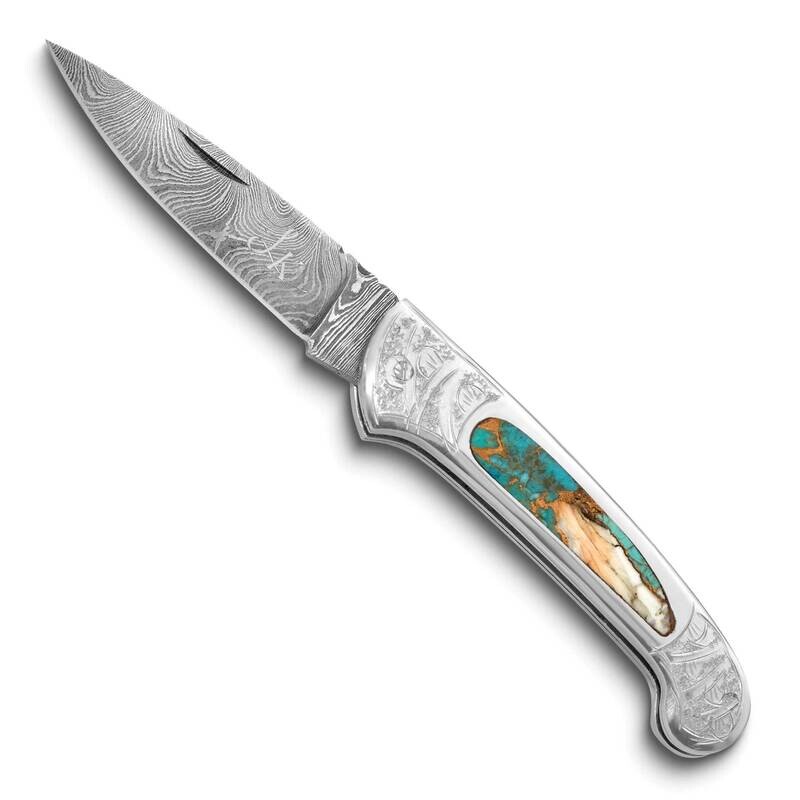 Damascus Steel 256 Layer Folding Spiny Oyster/Turq/Bronze/Resin Knife KN3345